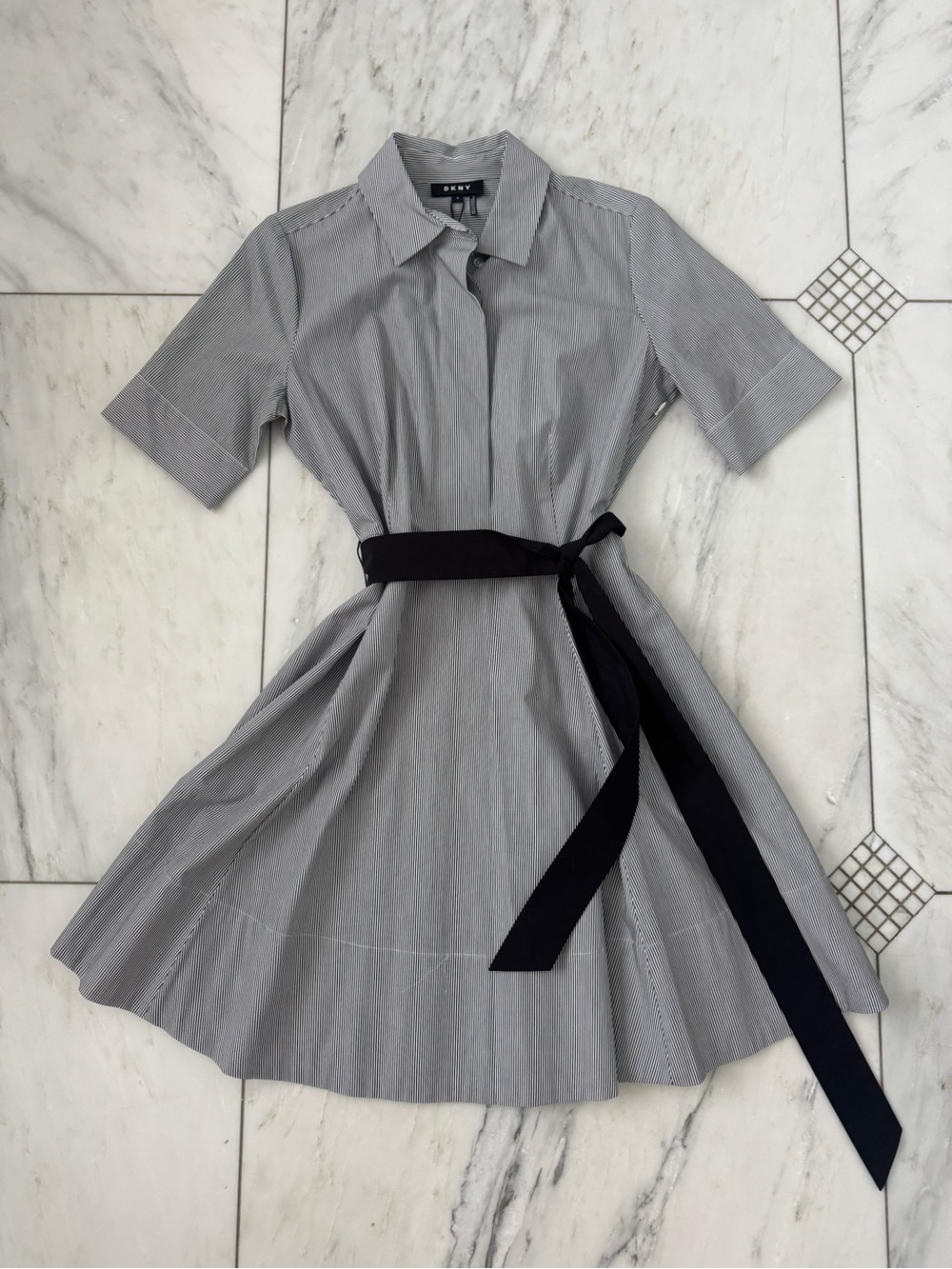 DKNY Black Pinstripe Dress with Black Waist Sash